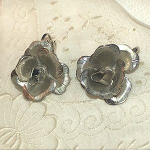 Silver Rose Earrings Clip On Vintage 3D Flower by Mr. John Mid Century Modern